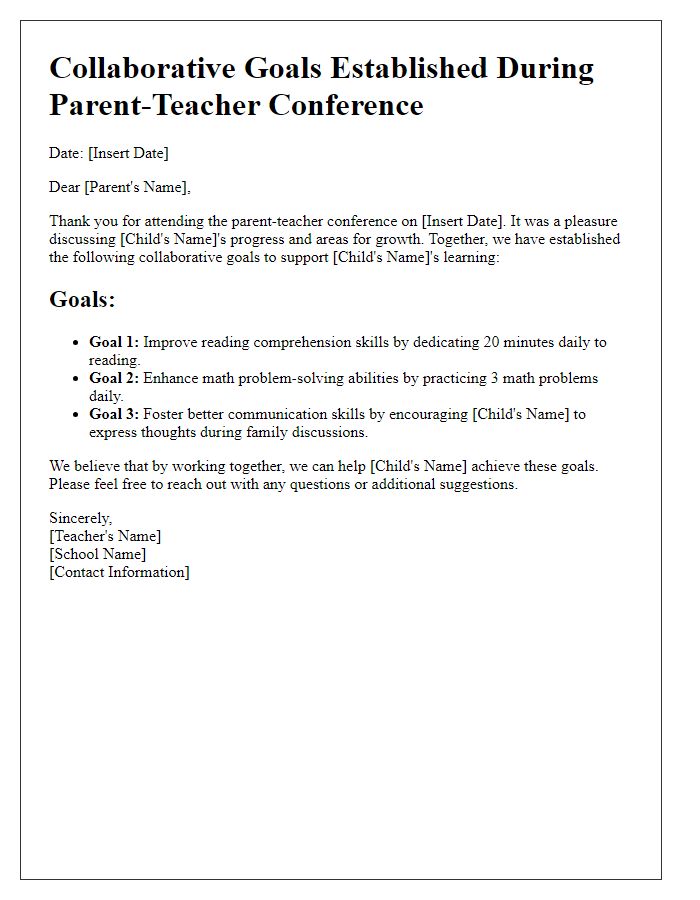 Letter template of collaborative goals established during parent-teacher conference