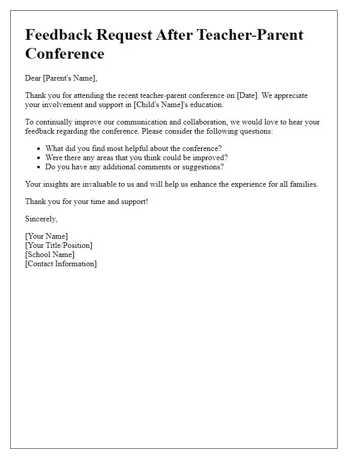 Letter template of feedback request after teacher-parent conference