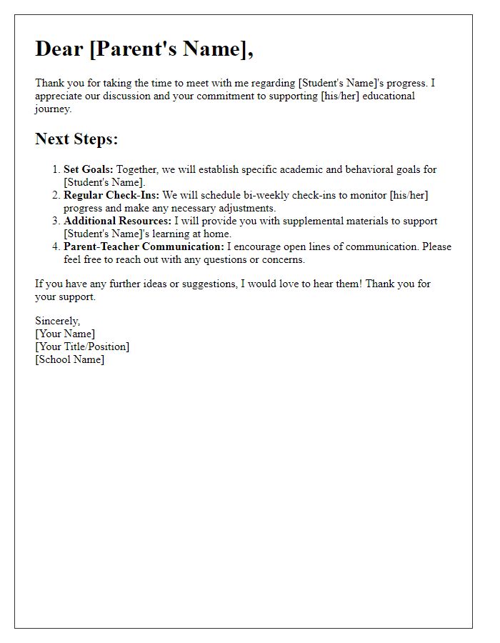 Letter template of next steps outlined from teacher-parent discussion