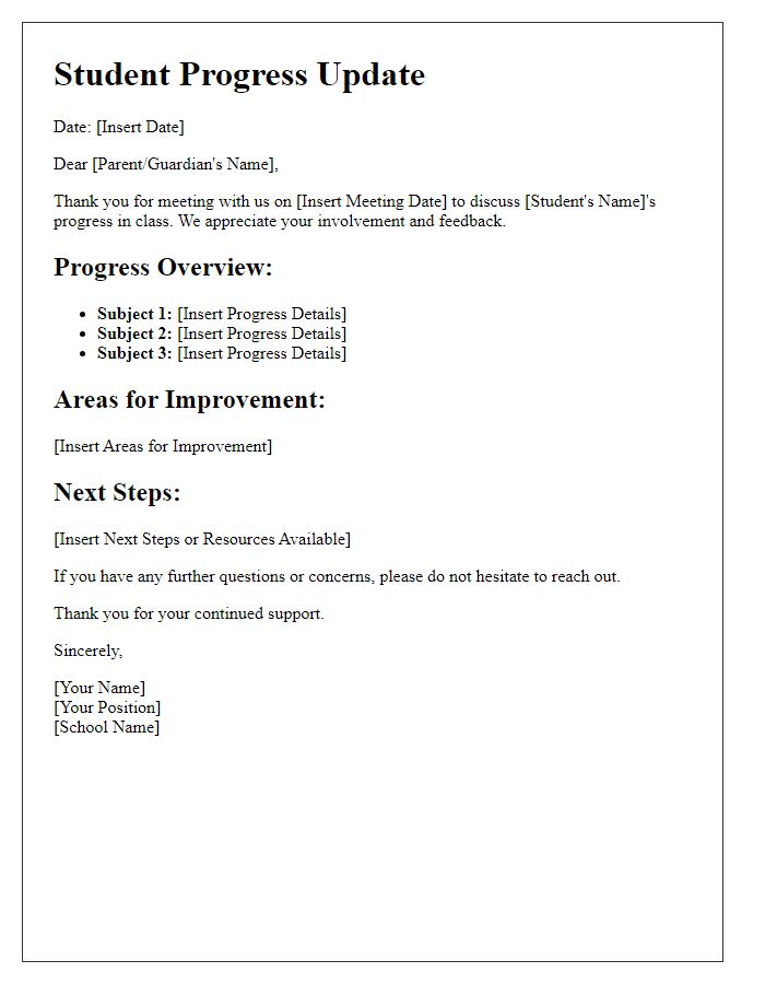 Letter template of student progress update post-parent meeting