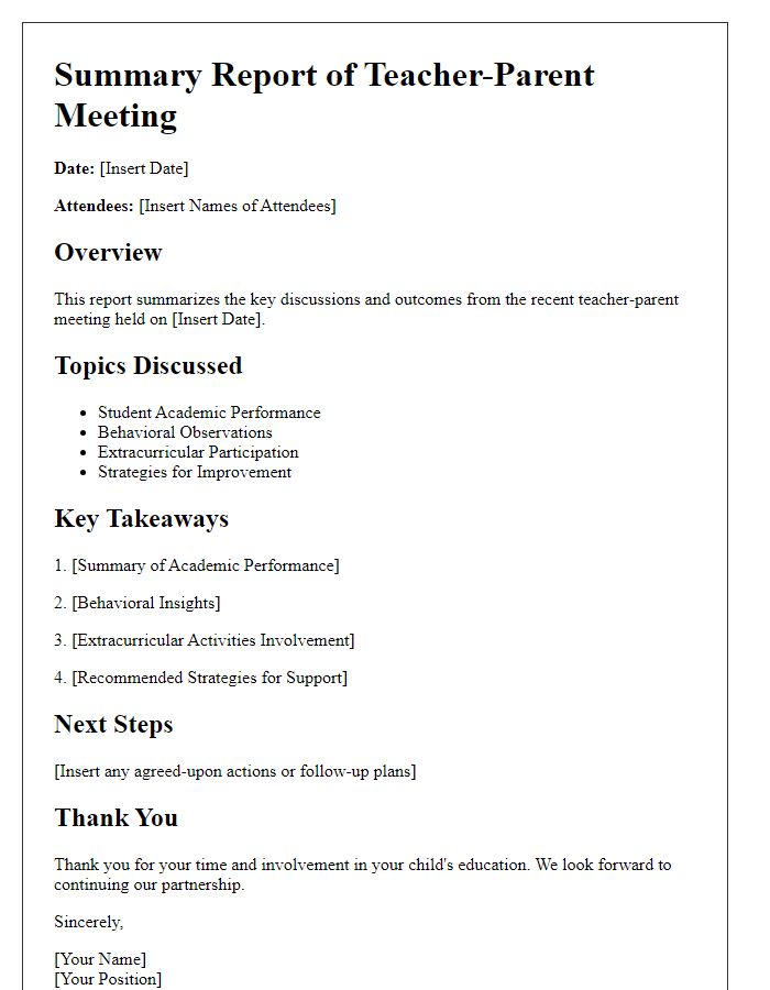 Letter template of summary report after teacher-parent meeting