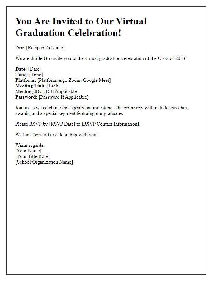 Letter template of virtual student graduation celebration invitation