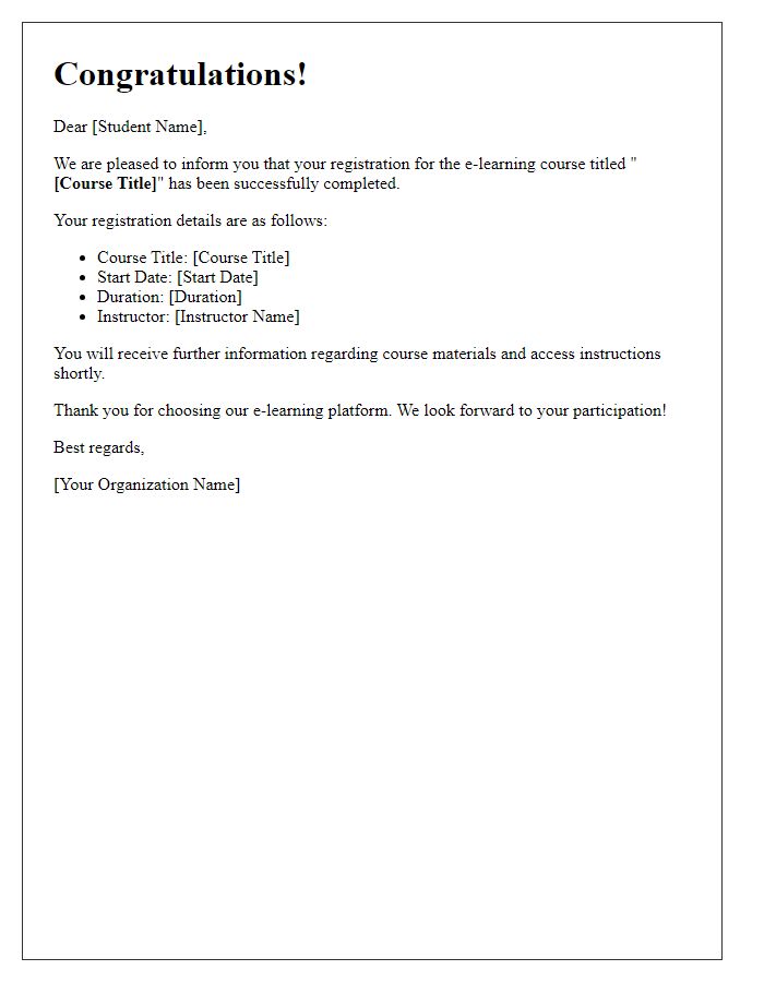 Letter template of e-learning course registration success