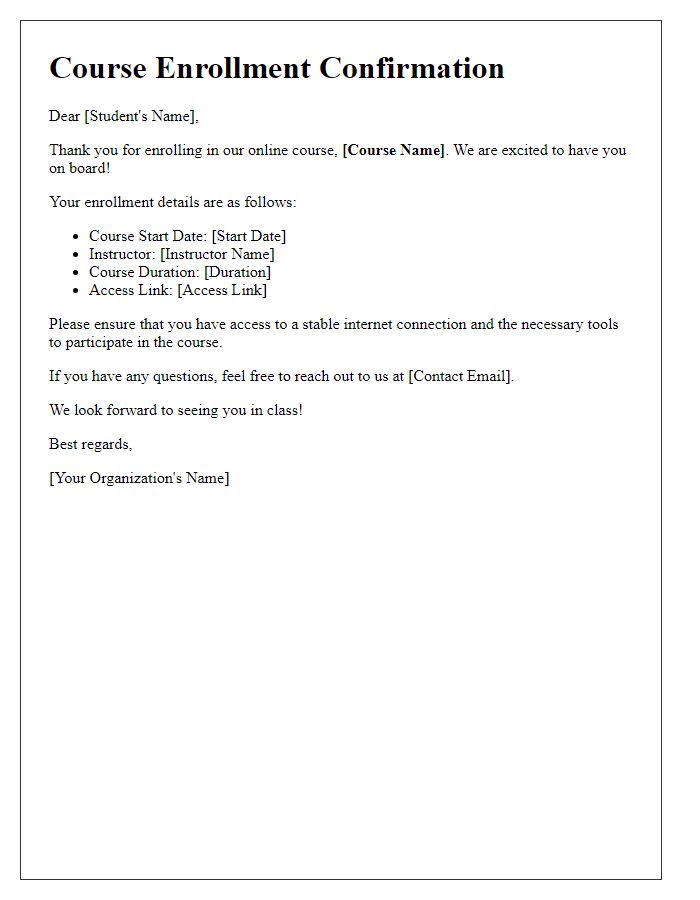 Letter template of online course enrollment confirmation
