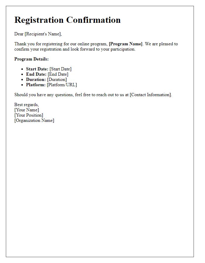 Letter template of online program registration notification