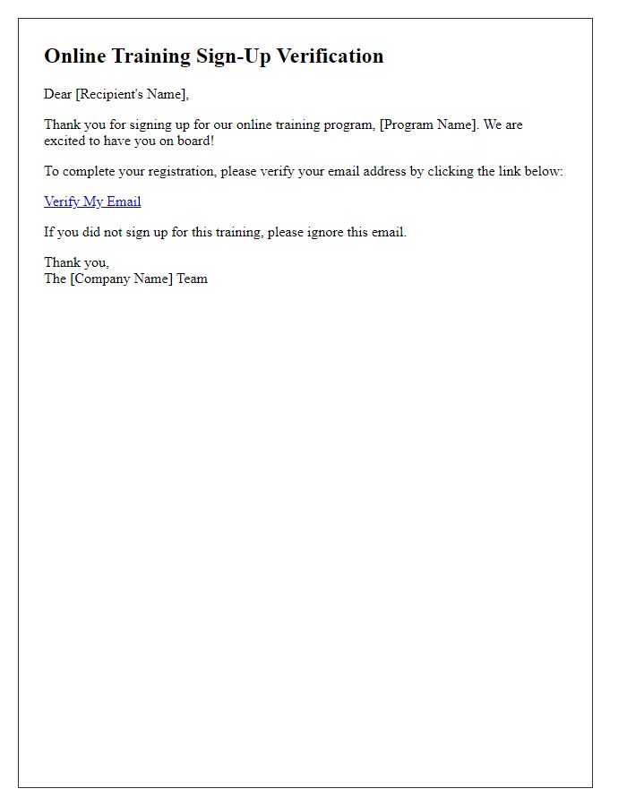 Letter template of online training sign-up verification
