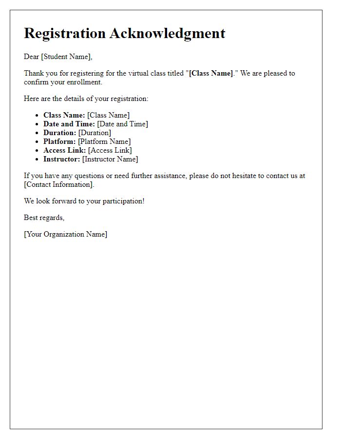 Letter template of virtual class registration acknowledgment
