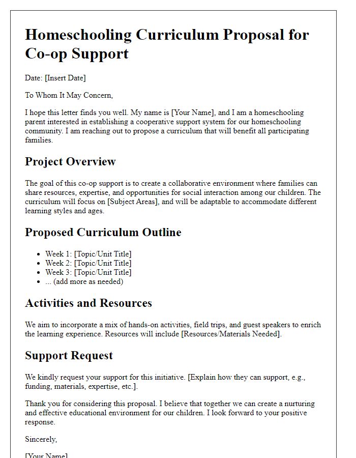 Letter template of homeschooling curriculum proposal for co-op support