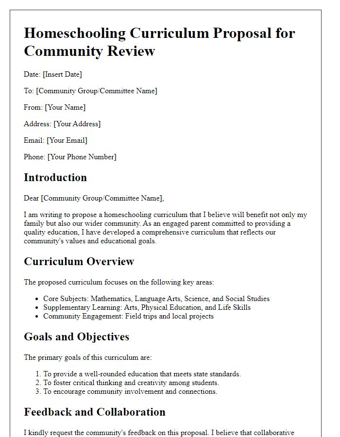 Letter template of homeschooling curriculum proposal for community review