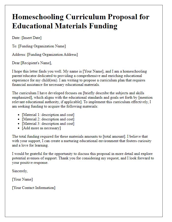 Letter template of homeschooling curriculum proposal for educational materials funding