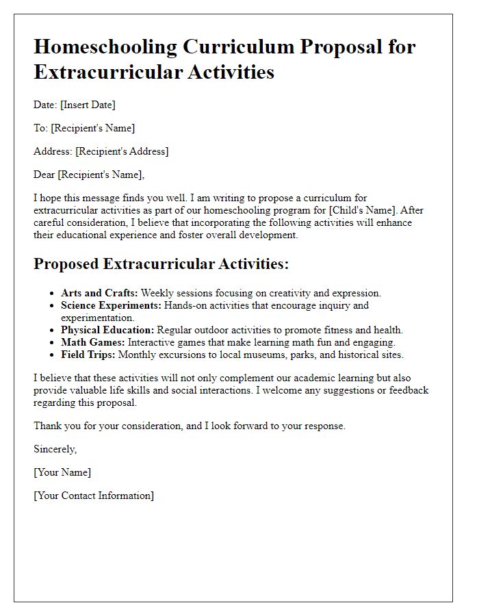 Letter template of homeschooling curriculum proposal for extracurricular activities