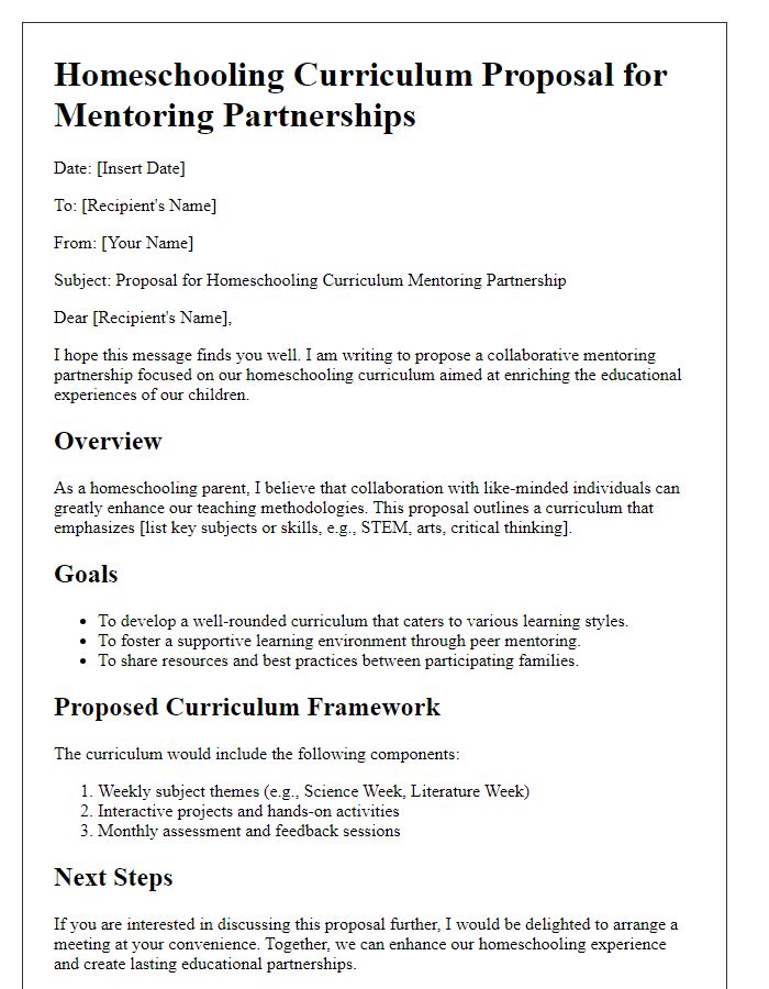 Letter template of homeschooling curriculum proposal for mentoring partnerships