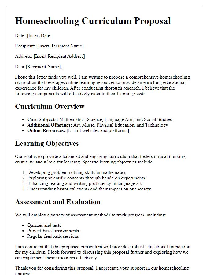 Letter template of homeschooling curriculum proposal for online learning resources