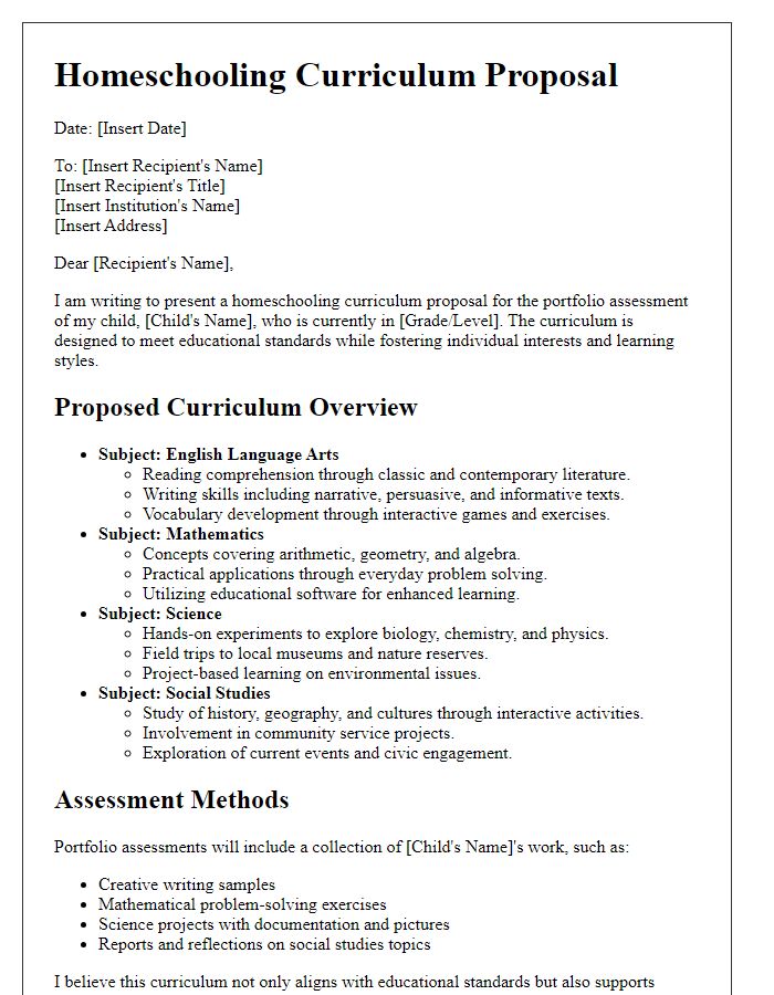 Letter template of homeschooling curriculum proposal for a portfolio assessment