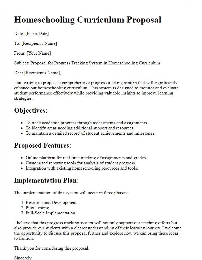 Letter template of homeschooling curriculum proposal for progress tracking system