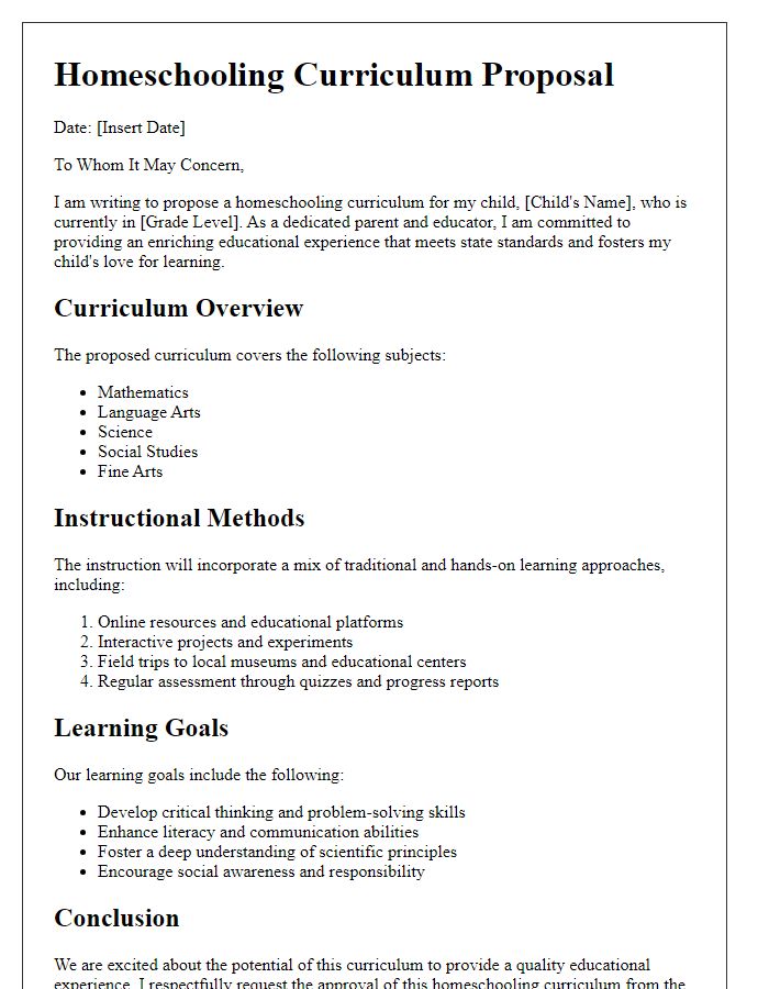 Letter template of homeschooling curriculum proposal for state approval