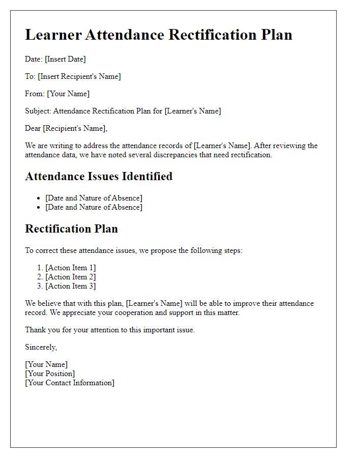 Letter template of Learner Attendance Rectification Plan