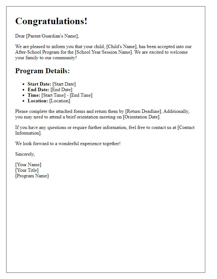 Letter template of after-school program enrollment acceptance