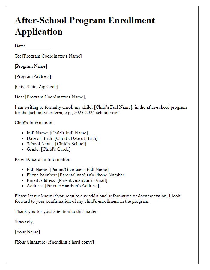 Letter template of after-school program enrollment application