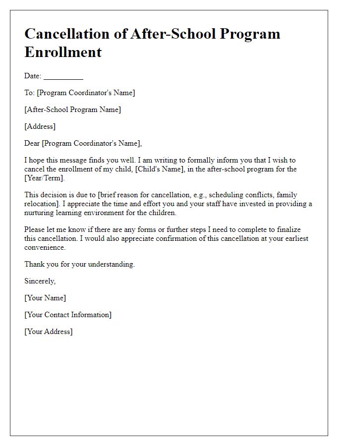 Letter template of after-school program enrollment cancellation