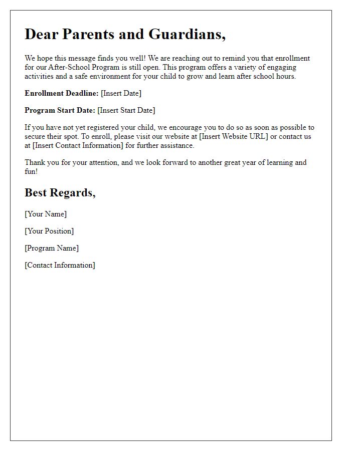 Letter template of after-school program enrollment reminder