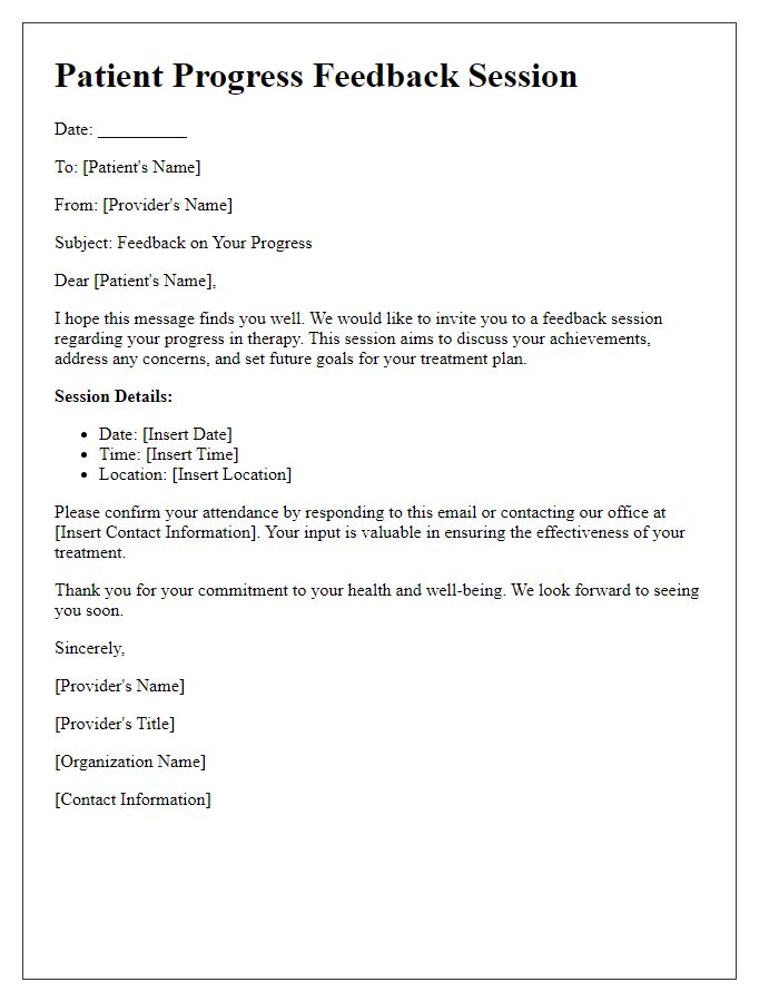 Letter template of patient progress feedback session