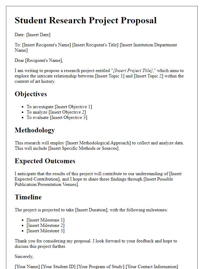 Letter template of student research project proposal for art history exploration.