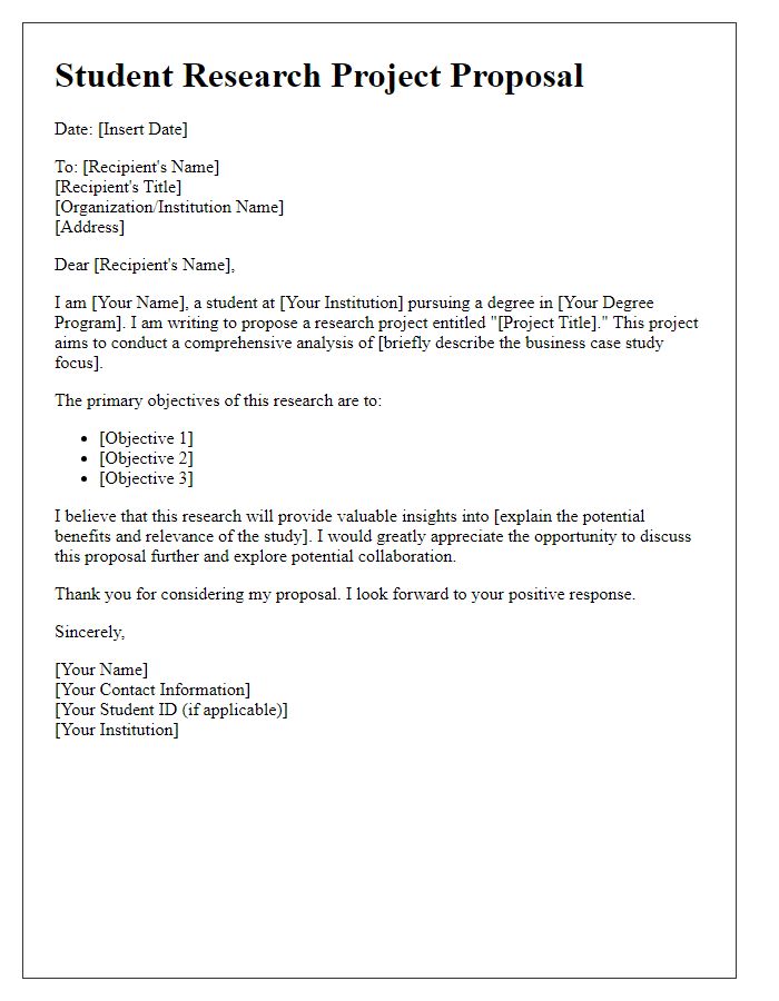 Letter template of student research project proposal for business case study.