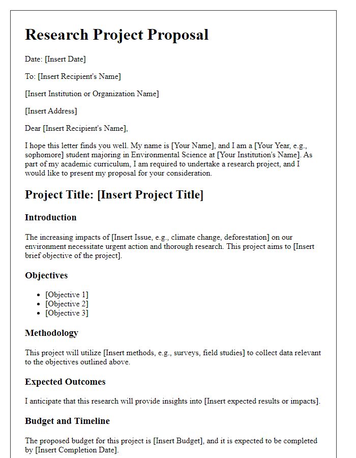 Letter template of student research project proposal for environmental science.