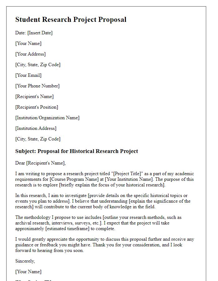 Letter template of student research project proposal for historical research.