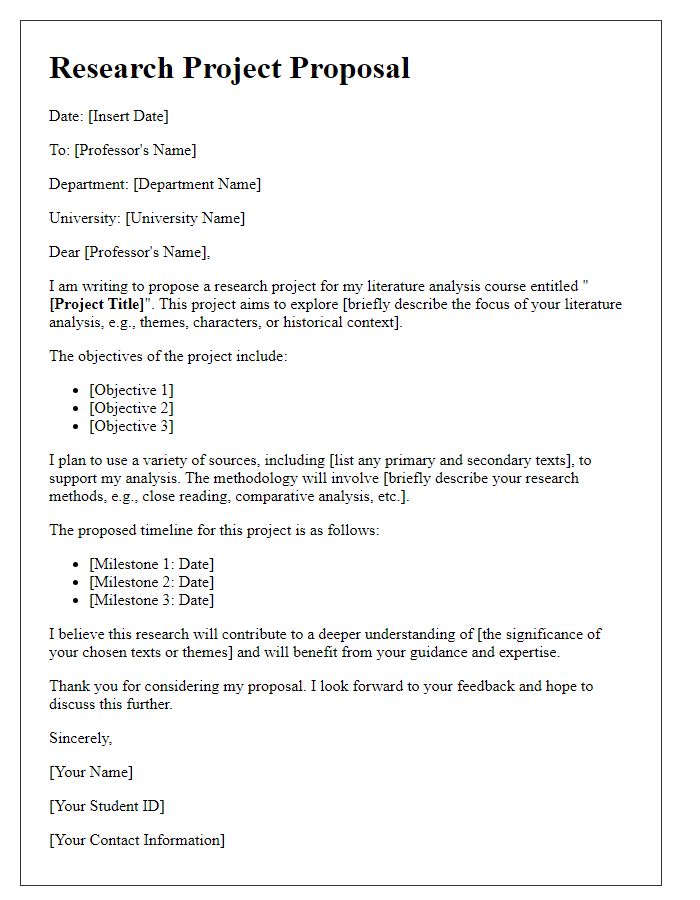 Letter template of student research project proposal for literature analysis.