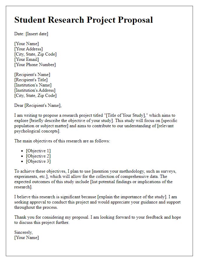 Letter template of student research project proposal for psychological study.