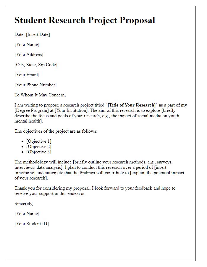 Letter template of student research project proposal for social science.