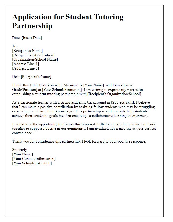 Letter template of application for student tutoring partnership