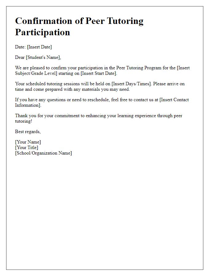 Letter template of confirmation for peer tutoring participation