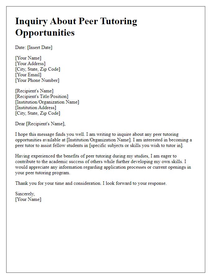 Letter template of inquiry about peer tutoring opportunities