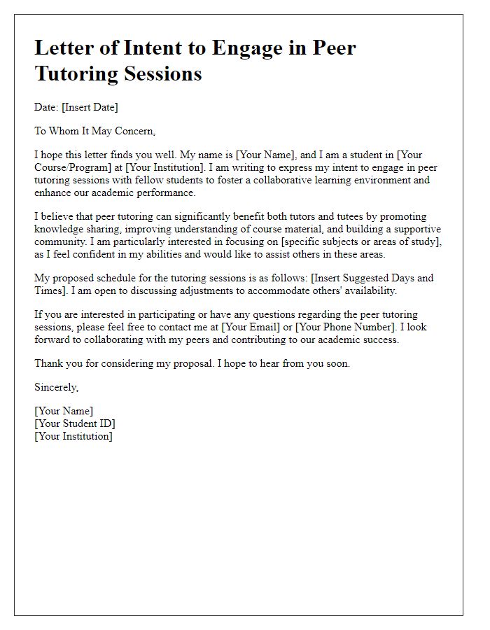 Letter template of intent to engage in peer tutoring sessions