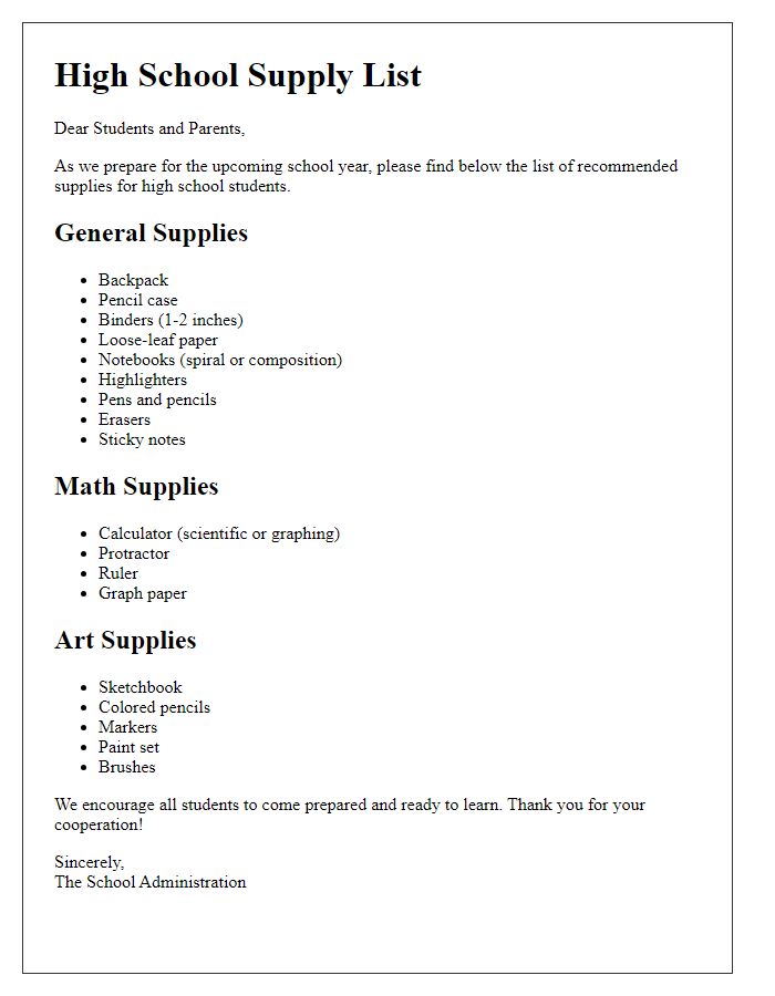 Letter template of school supply list for high school