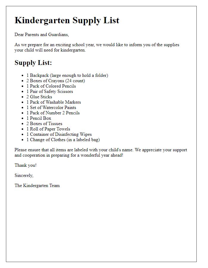 Letter template of school supply list for kindergarten