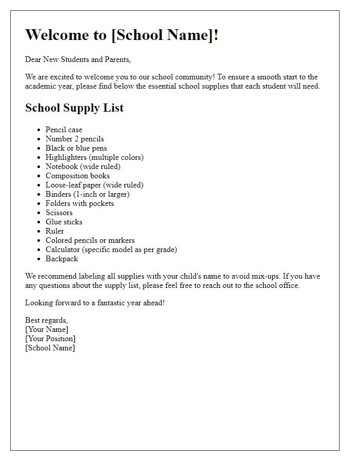 Letter template of school supply list for new students