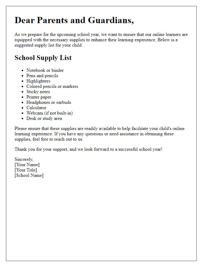 Letter template of school supply list for online learners