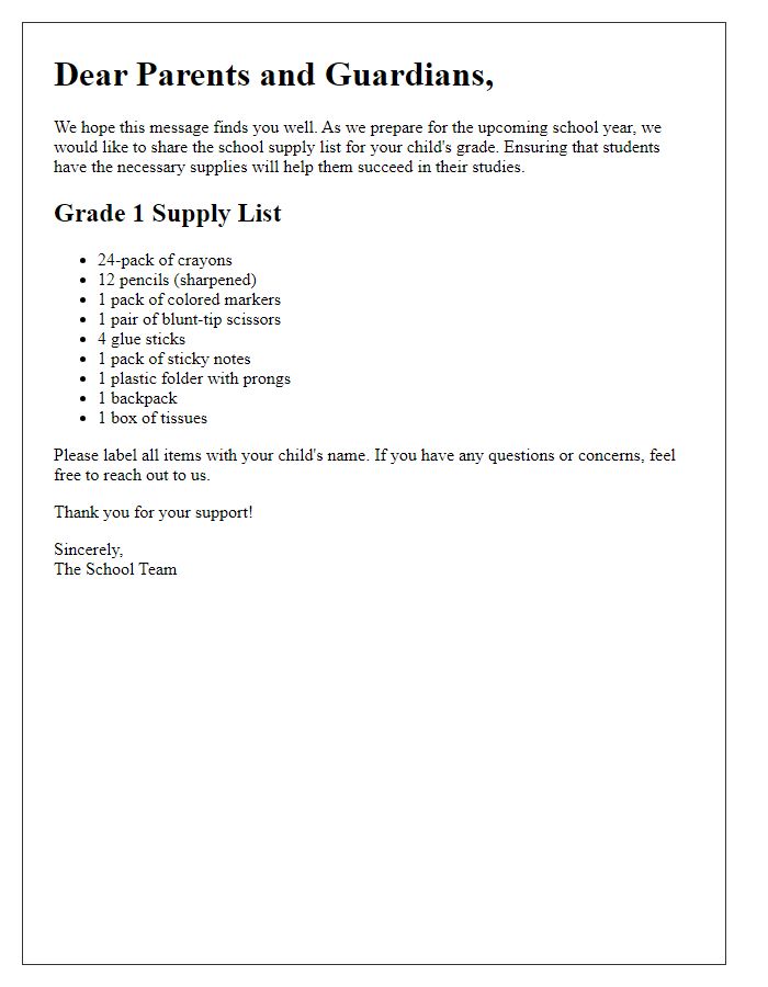 Letter template of school supply list for parents