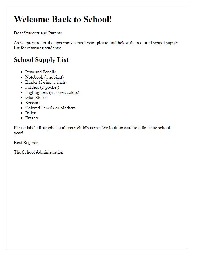 Letter template of school supply list for returning students