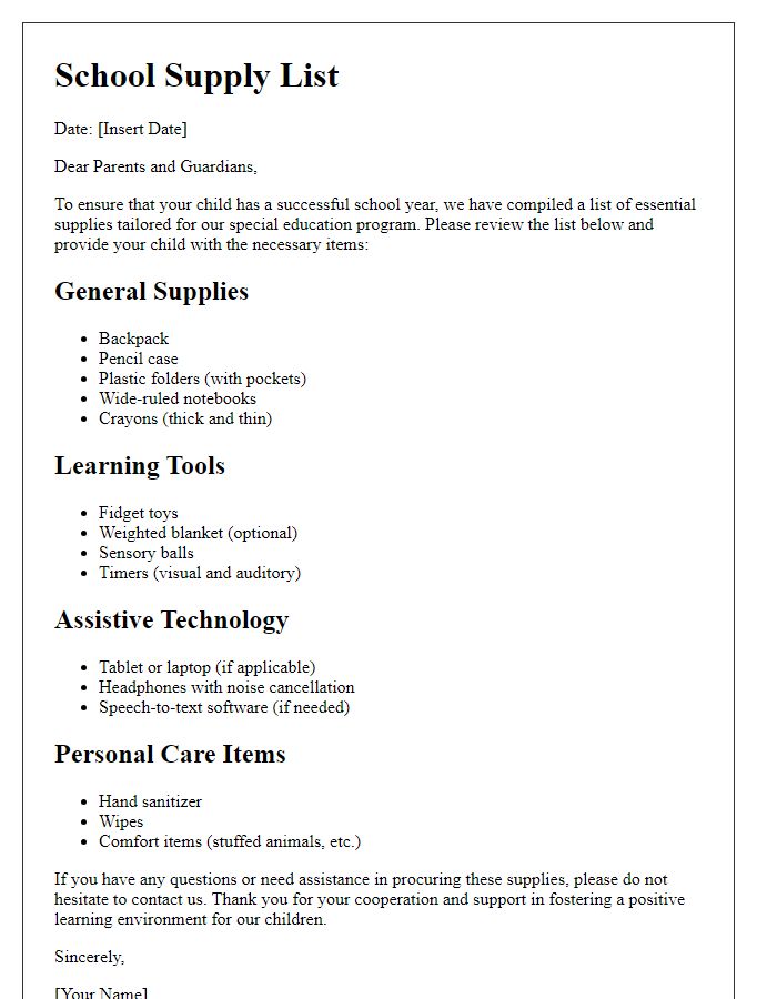 Letter template of school supply list for special education needs