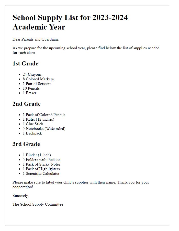 Letter template of school supply list for specific classes