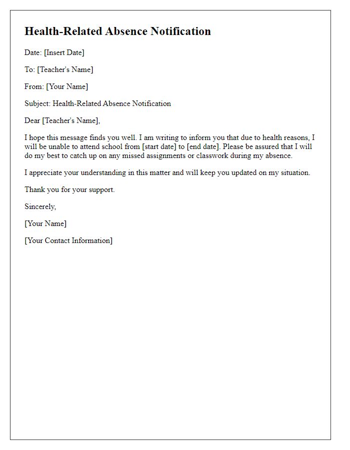 Letter template of health-related absence notification for teachers