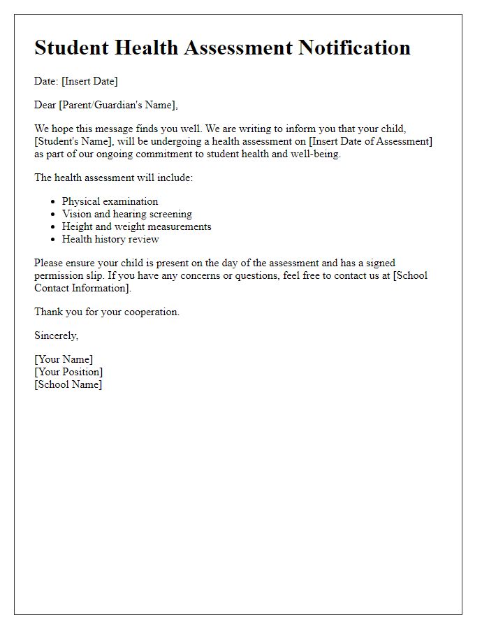 Letter template of student health assessment notification