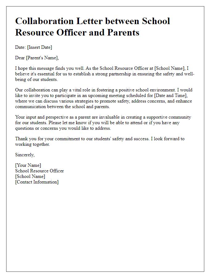 Letter template of collaboration between school resource officer and parents