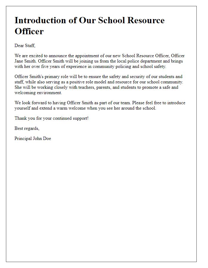 Letter template of introduction to school staff about resource officer