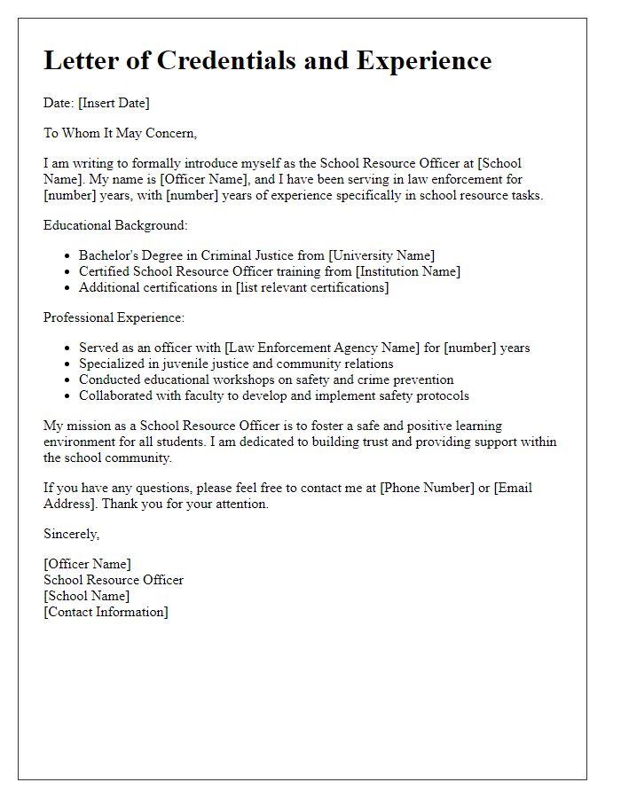 Letter template of school resource officer's credentials and experience